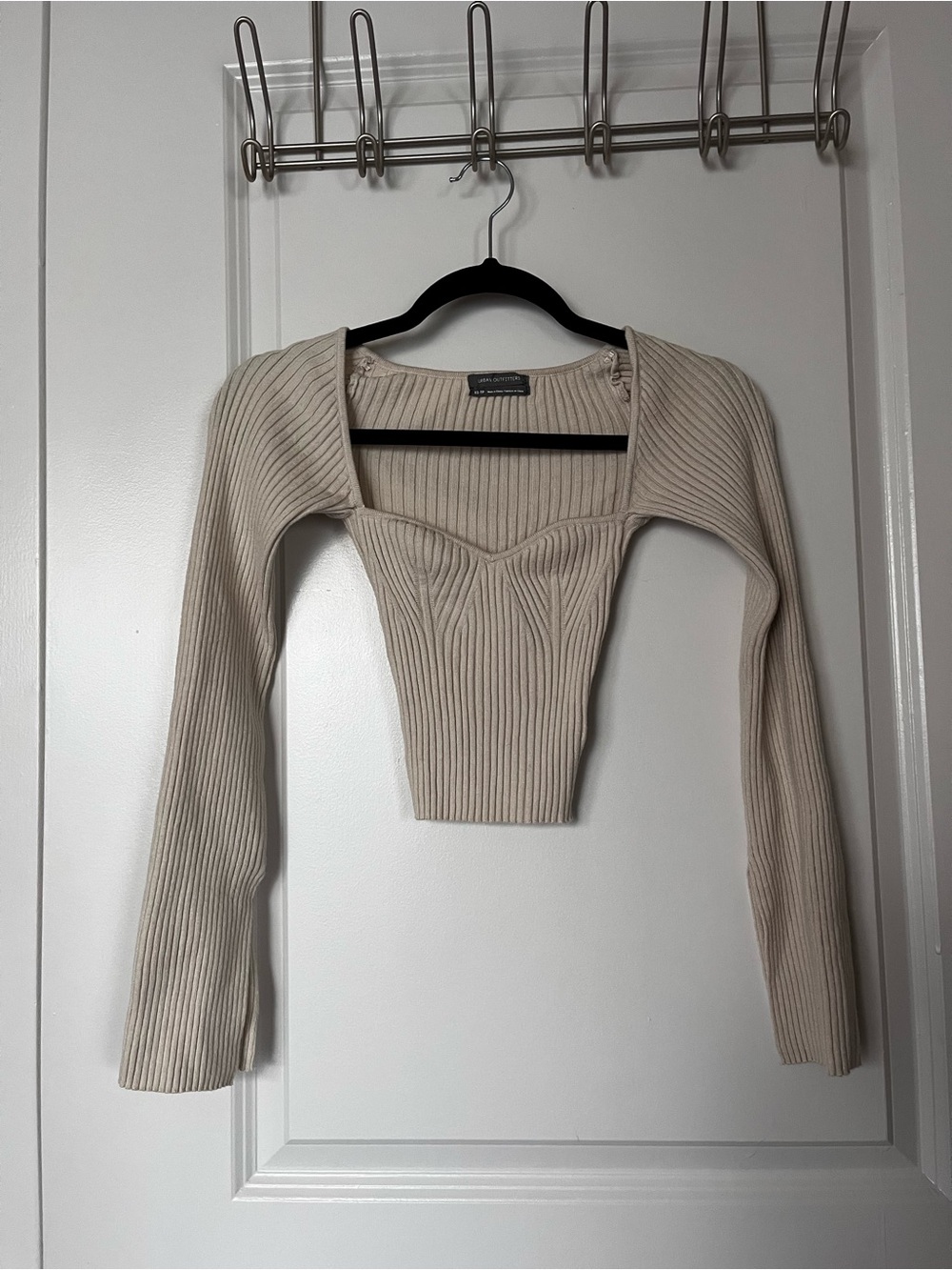 Urban Outfitters Cream Ribbed Sweetheart Long Sleeve Crop